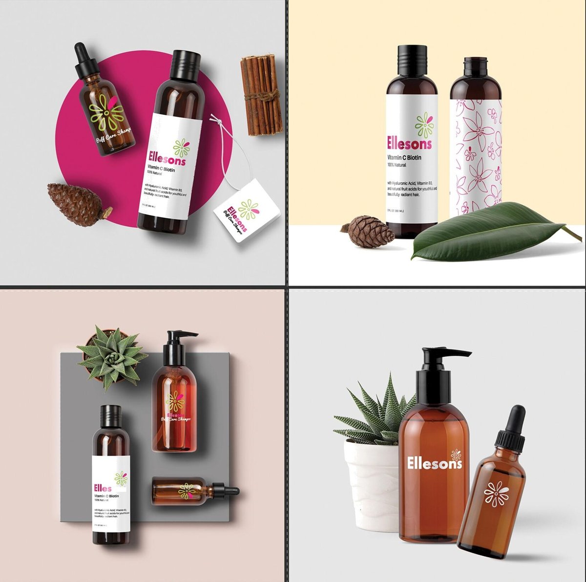 Branded skincare bottles and droppers arranged on coloured backgrounds with plants and a cinnamon stick