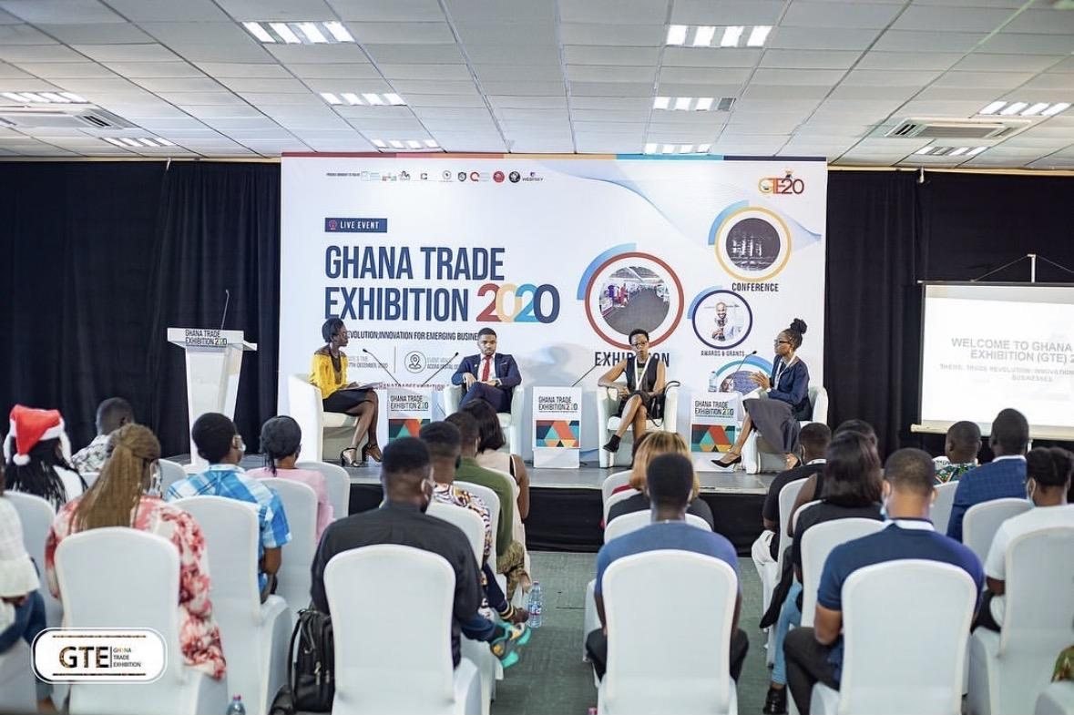 A conference session at the Ghana Trade Exhibition 2020 with an audience seated facing the stage