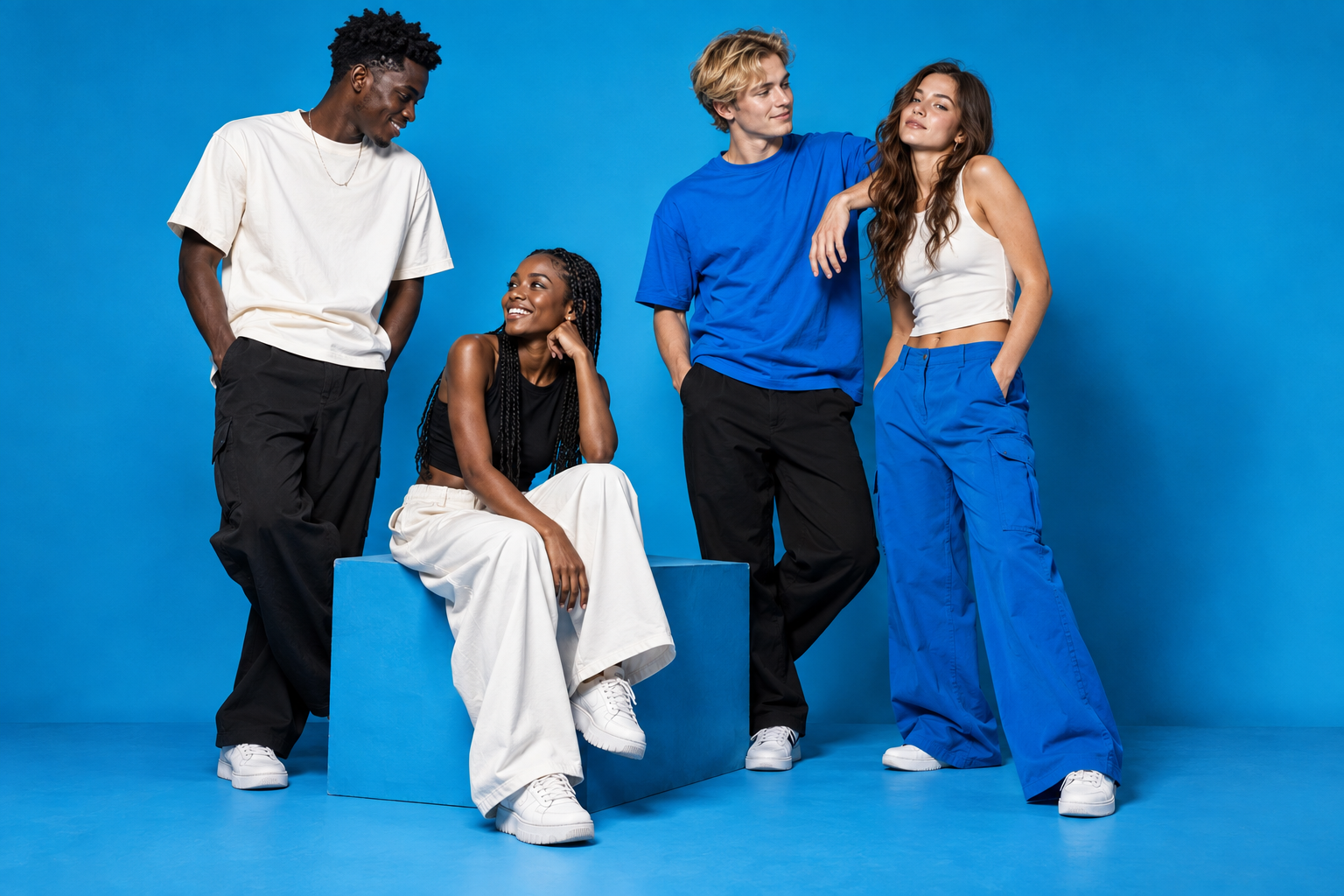 Campaign image of four young adult Black African and white models in cyan, white and black casual clothing