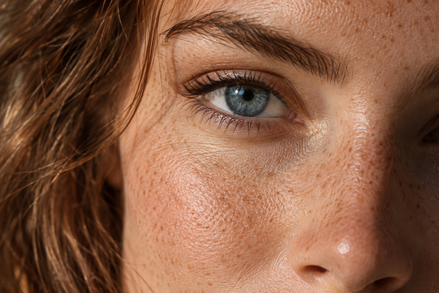 Close-up of a blue-grey eye, freckles and natural facial texture